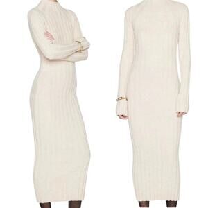 Anine Bing Shawn Ribbed Knit Midi Dress Sweater Wool Long Sleeve Oatmeal XS EUC